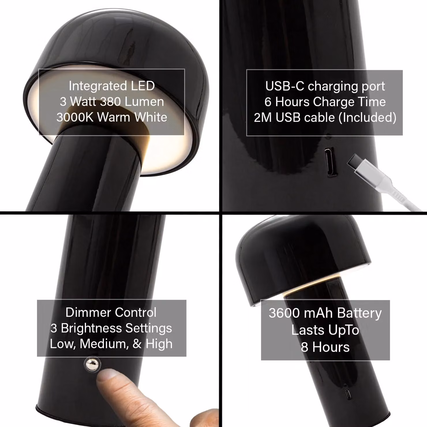 Happy Homewares Modern Mushroom Style Rechargeable LED Touch Dimmable Table Lamp in Black – 4