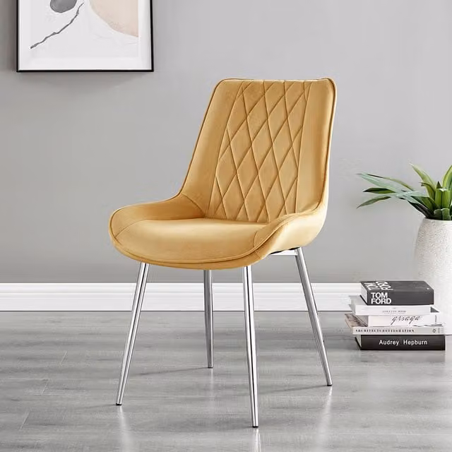 FurnitureboxUK Pesaro Velvet Dining Chairs with Metal Silver Legs, Yellow