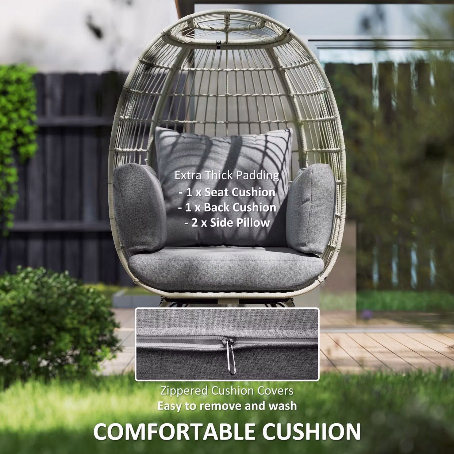 Outsunny Rattan Egg Lounge Chair with Cushions and Armrests, Charcoal Grey – 6