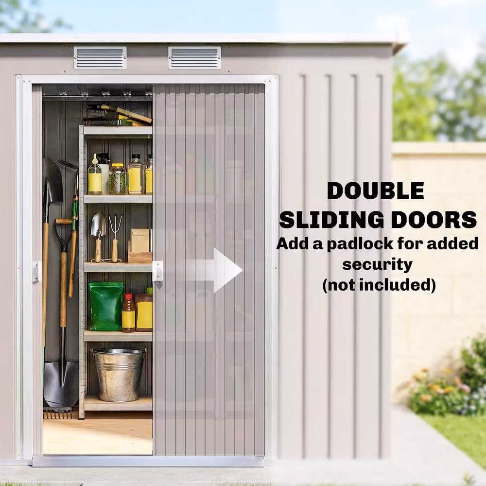 Rolipo Grey Galvanised Steel Garden Shed with Foundation Kit and Double Doors – 5