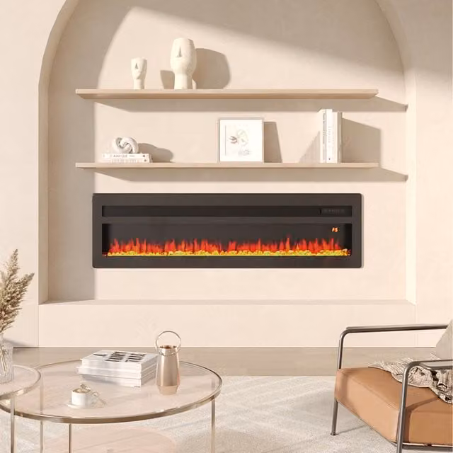 Livingandhome Black Rectangular Electric Fireplace, Wall Mounted or Freestanding, Width: 127 cm