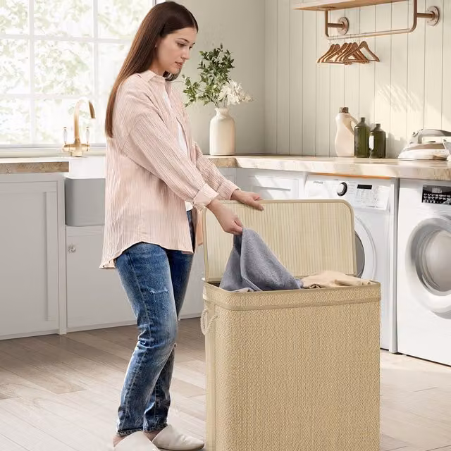SONGMICS 2 Section Bamboo Laundry Hamper with Lid, Beige