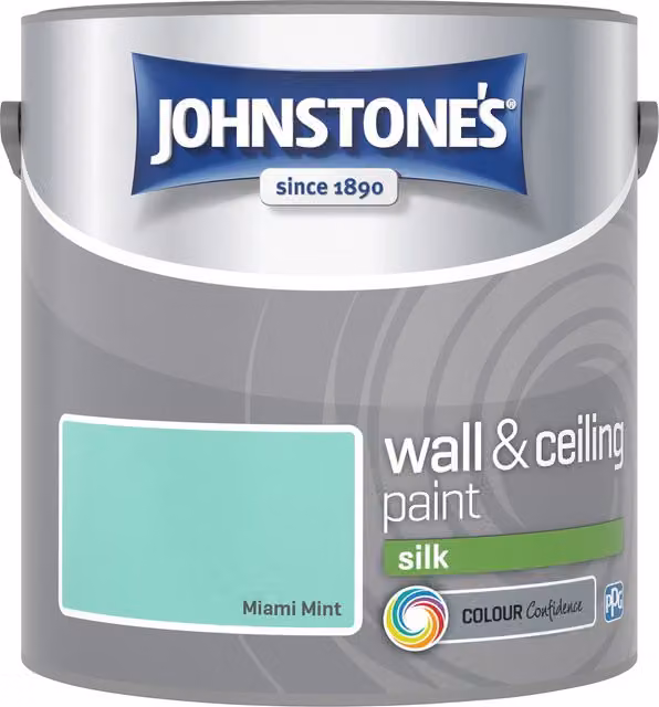 Johnstone's Low Emission Water Based Vinyl Silk Emulsion Dispersion Paint in Miami Mint Green Blue Satin Gloss