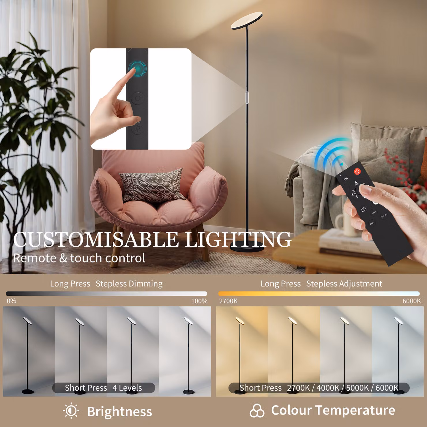 HOMCOM RGB Uplighter Floor Lamp in Black, Dimmable Standing Lamp with Remote and Touch Control, 2700K-6000K Colour Temperatures, H: 177 cm – 4