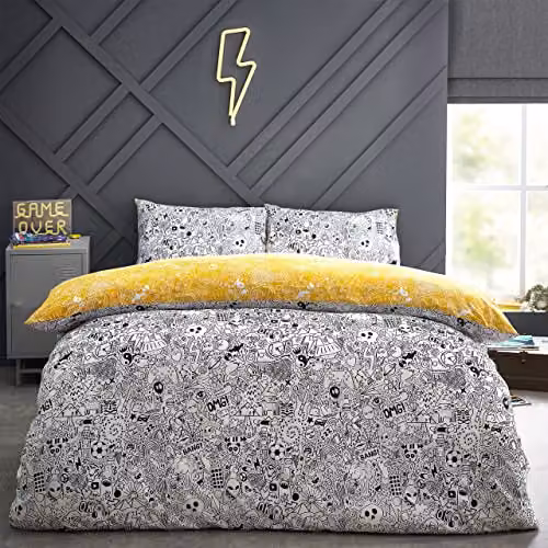 Furn Doodles Abstract Reversible Graphic Duvet Cover and Pillowcase Set in White, Black and Yellow, W/D/H: 140 x 200 cm, Pillowcase: 50 x 75 cm