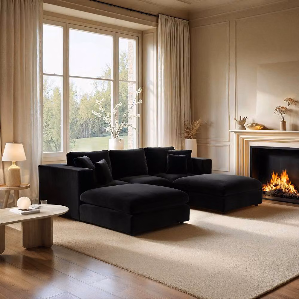 Solace+Co Asher U Shape Corner Sofa Bundle in Black Velvet with Matching Ottoman and Scatter Cushions – 2