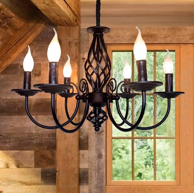 Garwarm Rustic Black Wrought Iron Pendant Chandelier with 6 Lights and Adjustable Height – 1