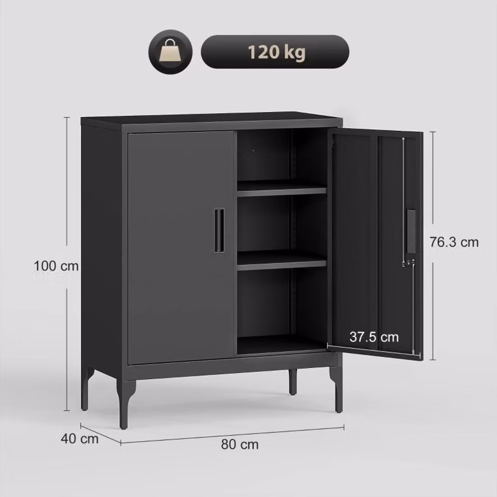 STILVORA Modern Black Lacquered Metal Freestanding Storage Cabinet with Lock and Adjustable Internal Shelves, W/D/H: 80 x 40 x 100 cm – 3