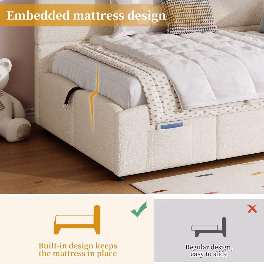 Matteo Upholstered Boucle Single Sofa Bed with USB and Hydraulic Storage in Beige – 3