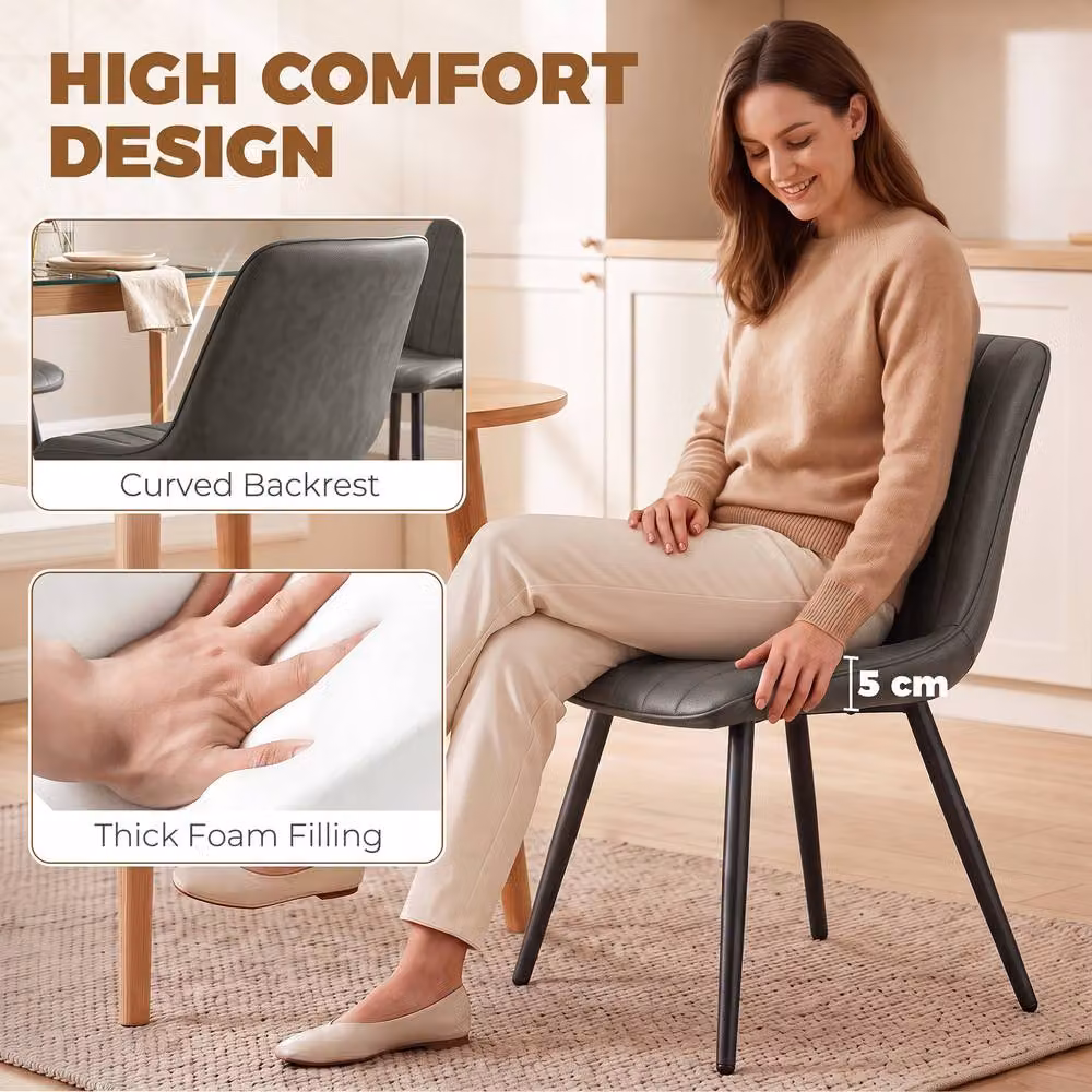 HOMCOM Set of 2 Modern Faux Leather Upholstered Kitchen and Dining Chairs with Metal Legs, Grey – 4
