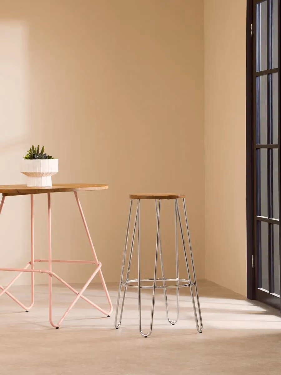 Orsina Modern Metal and Wood Round Bar Stool in Silver and Brown, H 75 x W 40.5 x D 40.5 cm – 3