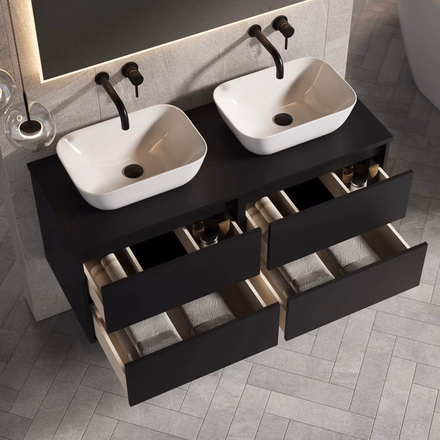 Banyetti Venti 1200mm Wall Hung Vanity Unit with Matching Worktop, Matt Black – 3