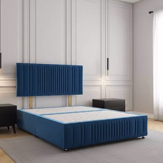 REGIONAL FURNISHINGS Plush Velvet Divan Bed with 24 inch Headboard and Footboard in Blue, King Size, W/D/H: 180 x 200 cm