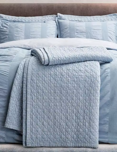 Bedeck of Belfast Blue Pure Cotton Stonewashed Geometric Quilted Throw