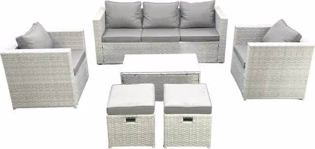 Fimous 7 Seater Rattan Garden Furniture Set in Light Grey with 3 Seater Sofa, 2 Chairs, Rectangular Coffee Table and 2 Footstools