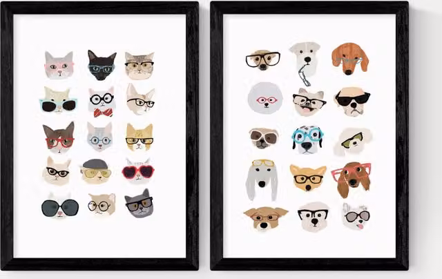 East End Prints Cats and Dogs in Glasses Twin Set Framed Multicolour Art in Black Frame