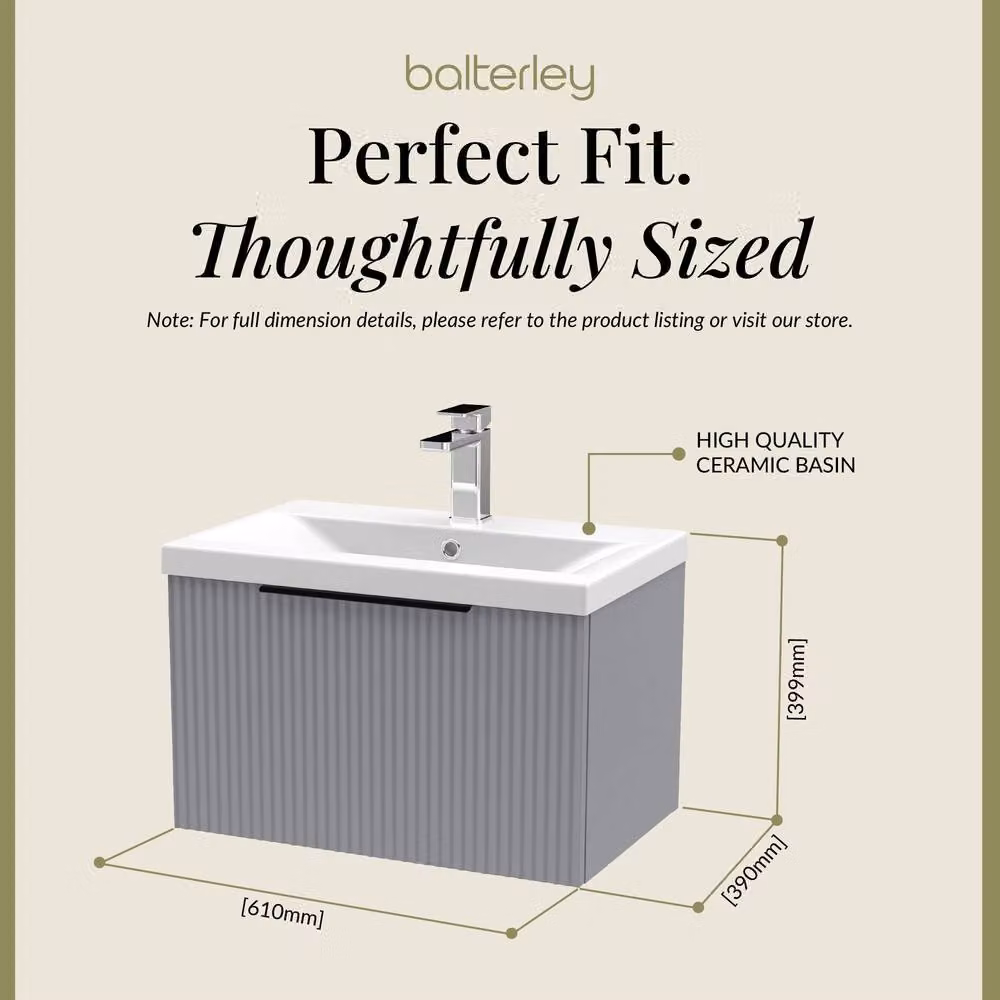Balterley Fluted Front Wall Hung 1 Drawer Vanity Basin Unit, Satin Grey, W: 60 cm – 3