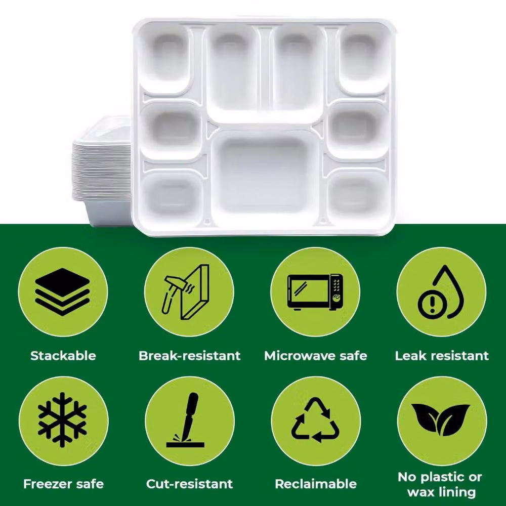 ECONX 200 Pack White Biodegradable 9 Compartment Bagasse Disposable Dinner Plates – 2