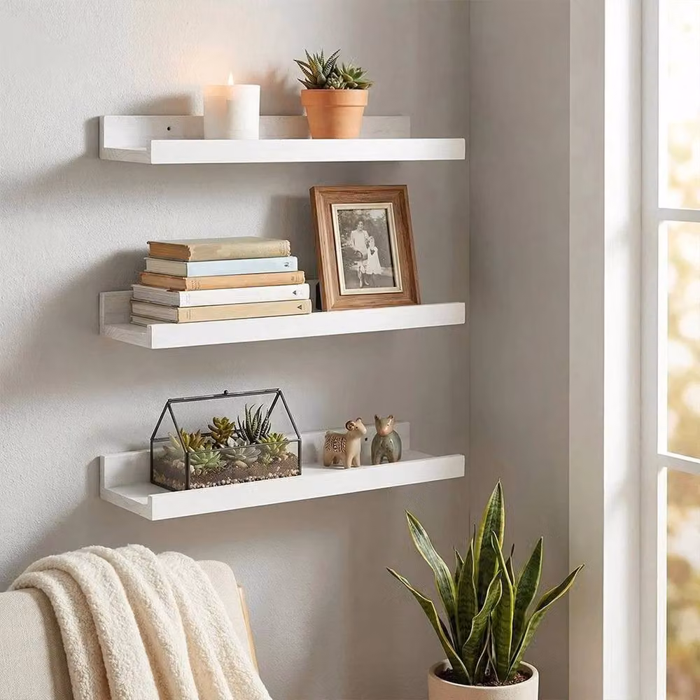 PAWNORA Set of 3 White Rustic Wood Floating Wall Shelves – 3