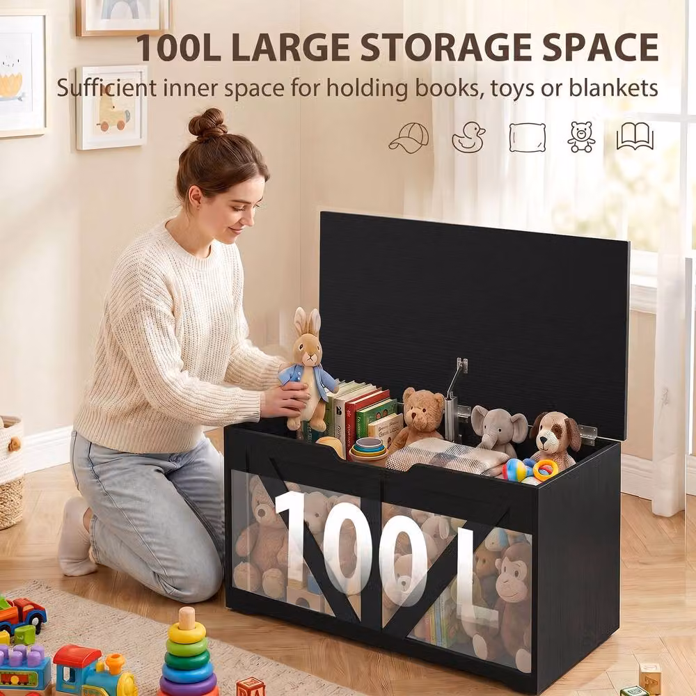 HOMCOM Black Storage Trunk for your Living Room with Soft-Close Lid – 4