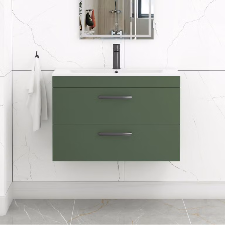 Royal Bathrooms Turin 800mm Wall Hung Vanity Unit in Matt Green with 2 Drawers and Matt Black Handles