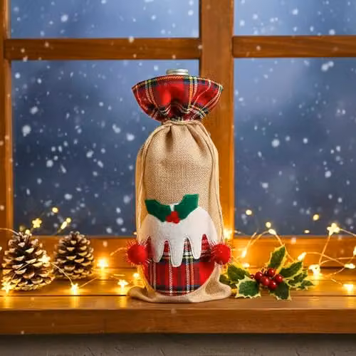 Shatchi Christmas Wine Bottle Cover in Brown Burlap Hessian Linen with Floral Print and Drawstring Closure – 2