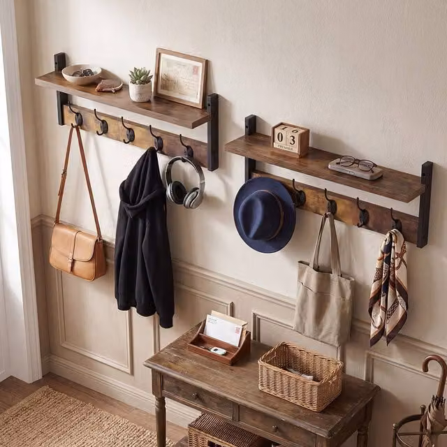 Levede 2 Pack Brown and Black Wooden Wall Mounted Coat Rack with Storage Shelf and Hooks, W: 60 cm – 1