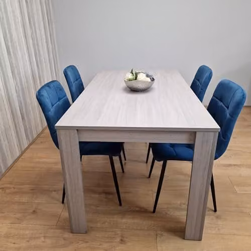 KOSY KOALA Modern Dining Table and 6 Blue Velvet Chairs Set, Light Grey, W/D/H: 140 x 80 x 75 cm