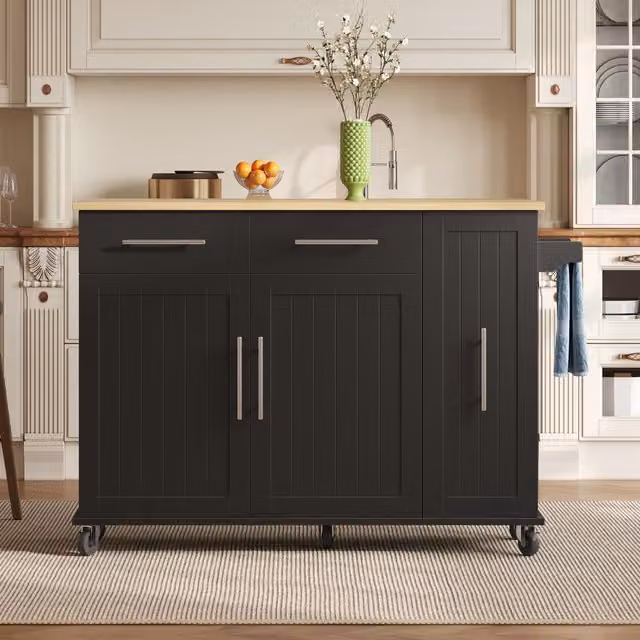 Aosom UK Modern Kitchen Trolley with Drop Leaf and Pull-Out Organiser in Black and Natural, W: 120 cm, D: 40 cm, H: 90 cm