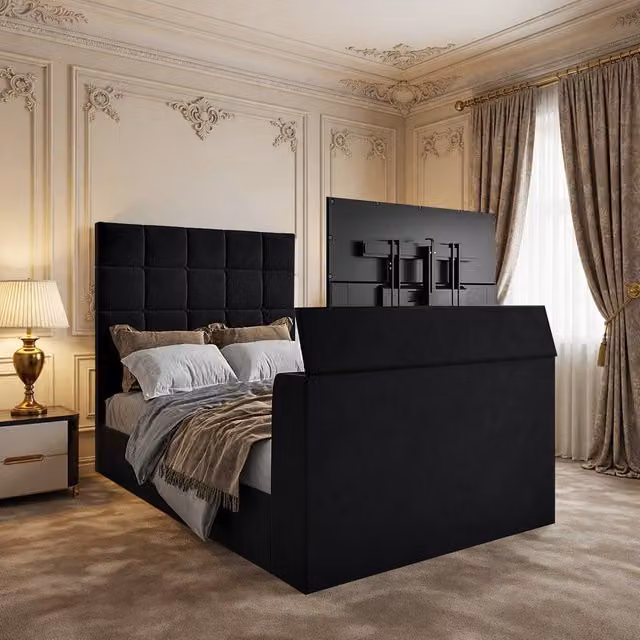 KDMD Allerton Black Velvet Upholstered Modern TV Bed Frame W/D/H: 180 x 200 cm