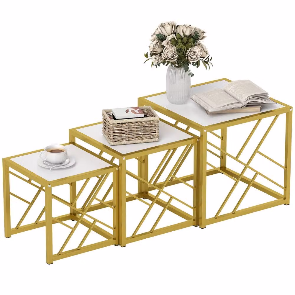 STILVORA Set of 3 Modern Square Nesting Tables with White Glossy MDF Tops and Metal X-Frame, W/D/H: 48 x 48 x 45 cm, 48 x 45 x 48 cm, 48 x 30 x 45 cm – 2