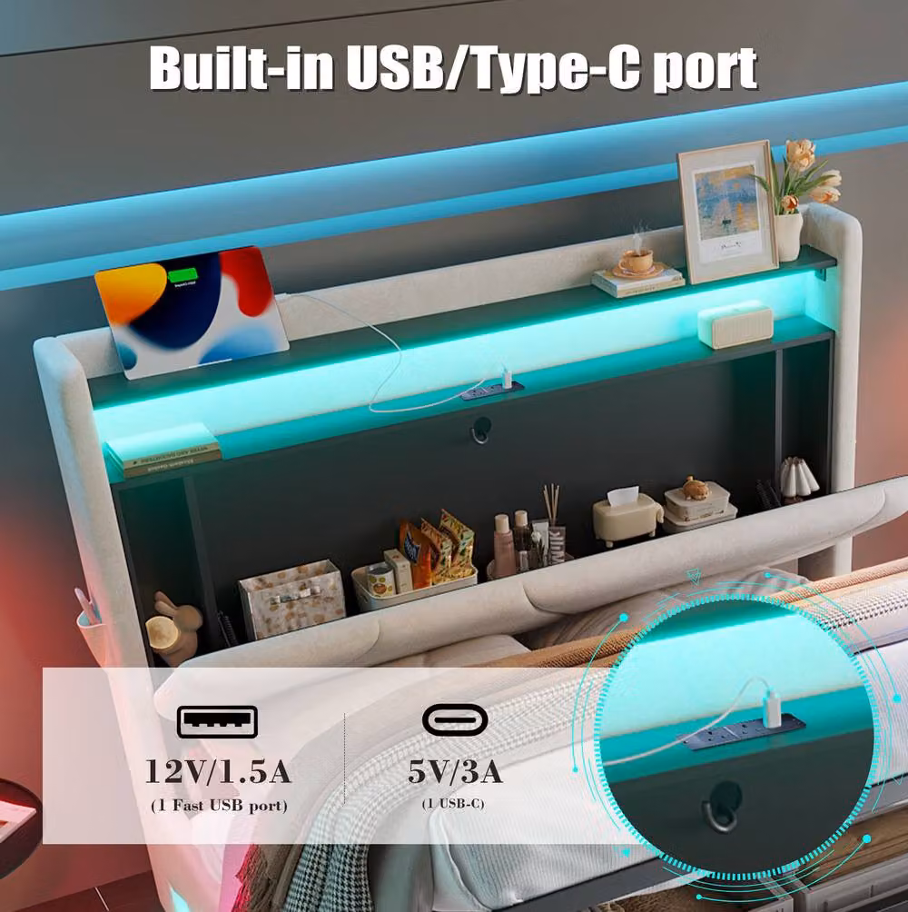 STILVORA Double Upholstered Velvet Bed in Beige with LED Under-Bed Lighting, USB Charging Ports and Lift-Up Storage Base, W/D/H: 140 x 200 cm – 5