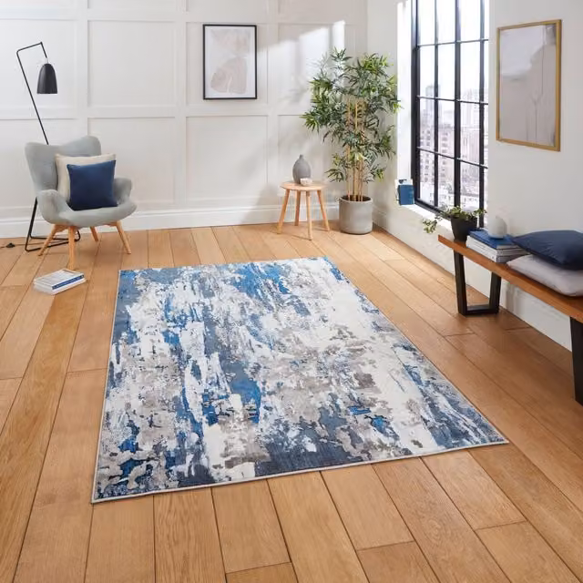 Terrys Modern Abstract Machine Woven Rectangular Rug in Grey and Blue, W: 200 cm, D: 290 cm