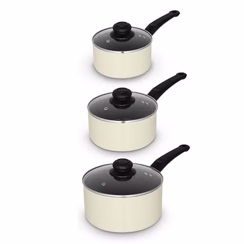 Swan Townhouse 3 Piece Ceramic Saucepan Set with Glass Lids and Bakelite Handles, Beige – 1