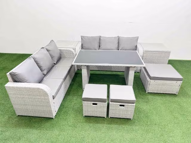 Fimous 9 Seater Rattan Outdoor Dining Table Set with 2 Side Tables and 3 Stools in Light Grey