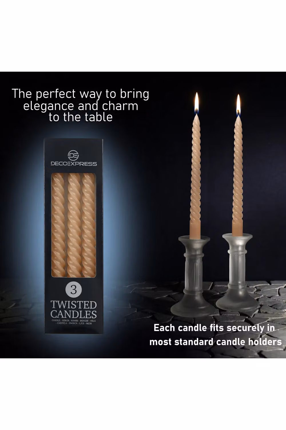 Deco Express Twisted Non Drip Spiral Dinner Candles, Pack of 3, Beige, Non Scented, 6 Hour Burn Time – 3