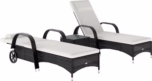 Outsunny 3 Piece Black PE Rattan Patio Lounge Chair Set with Cushions and Side Coffee Table