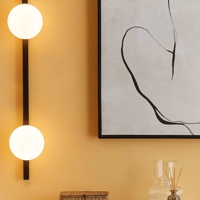 Wyld and Coco 2-Light Modern Wall Lamp with Black Metal Base and White Glass Sphere Globes, 85 cm