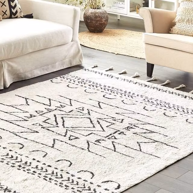 Wyld and Coco Hand-Tufted Cotton Geometric Rug in White and Black, W: 140 cm, L: 200 cm