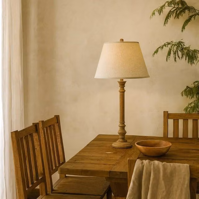 Wyld Haus Flavigny Turned Wooden Pillar Table Lamp with Beige Fabric Shade in Brown