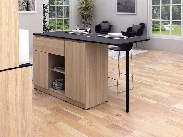 Vente-unique Modern Kitchen Island with 2 Doors, 1 Drawer, and 2 Recesses in Black and White, W/D/H: 169.8 x 70.0 x 90.5 cm