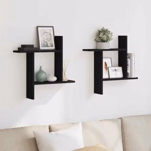 vidaXL Set of 2 Modern Black Wall-Mounted MDF Shelves, W: 50 cm, D: 12 cm, H: 50 cm – 2