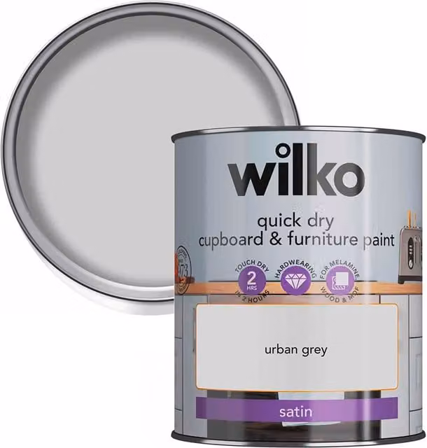 wilko Quick Dry Satin Furniture and Cupboard Paint, Urban Grey, 750ml