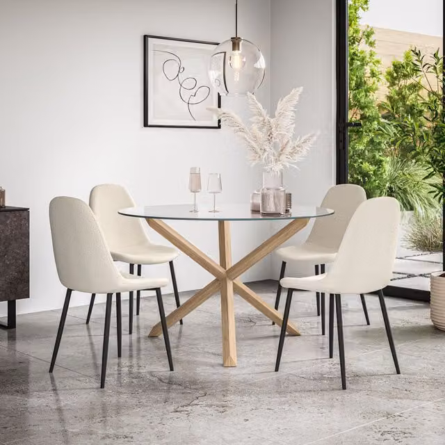 More4Homes Malvern Round Dining Table with Clear Glass Top and Solid Oak Legs and 4 Maya Boucle Dining Chairs in Ivory, Diameter: 120 cm, Height: 75 cm