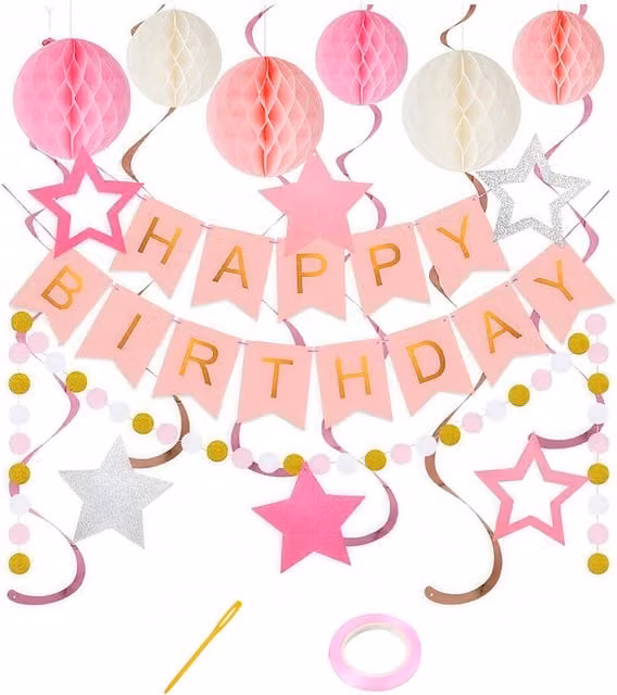 Lifeideas Pink Paper Birthday Party Decoration Set with Hanging Stars