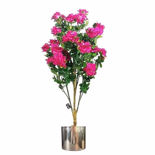 Leaf Design UK 100cm Pink Azalea Artificial Potted Plant with Silver Planter