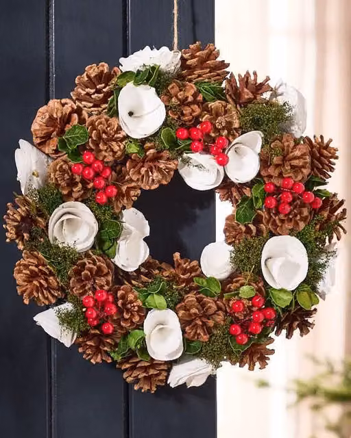 Dibor White Berries and Roses Christmas Wreath with Multicolour Floral Accents, Diameter: 36 cm