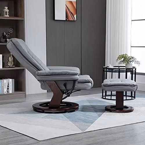 HOMCOM Grey Recliner Chair with Matching Footstool, 135 Degree Swivel Relax Chair in Synthetic Leather – 7