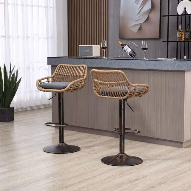 Direct Wicker Set of 2 Modern Grey Swivel Bar Stools with Armrests and Height Adjustment