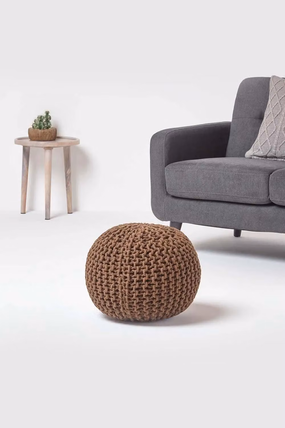 Homescapes Round Cotton Knitted Pouffe Footstool in Brown – 2